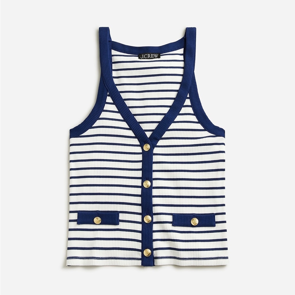 J CREW Vintage Rib Lady Knit Tank Top in Navy Blue Stripe Womens SMALL Like New